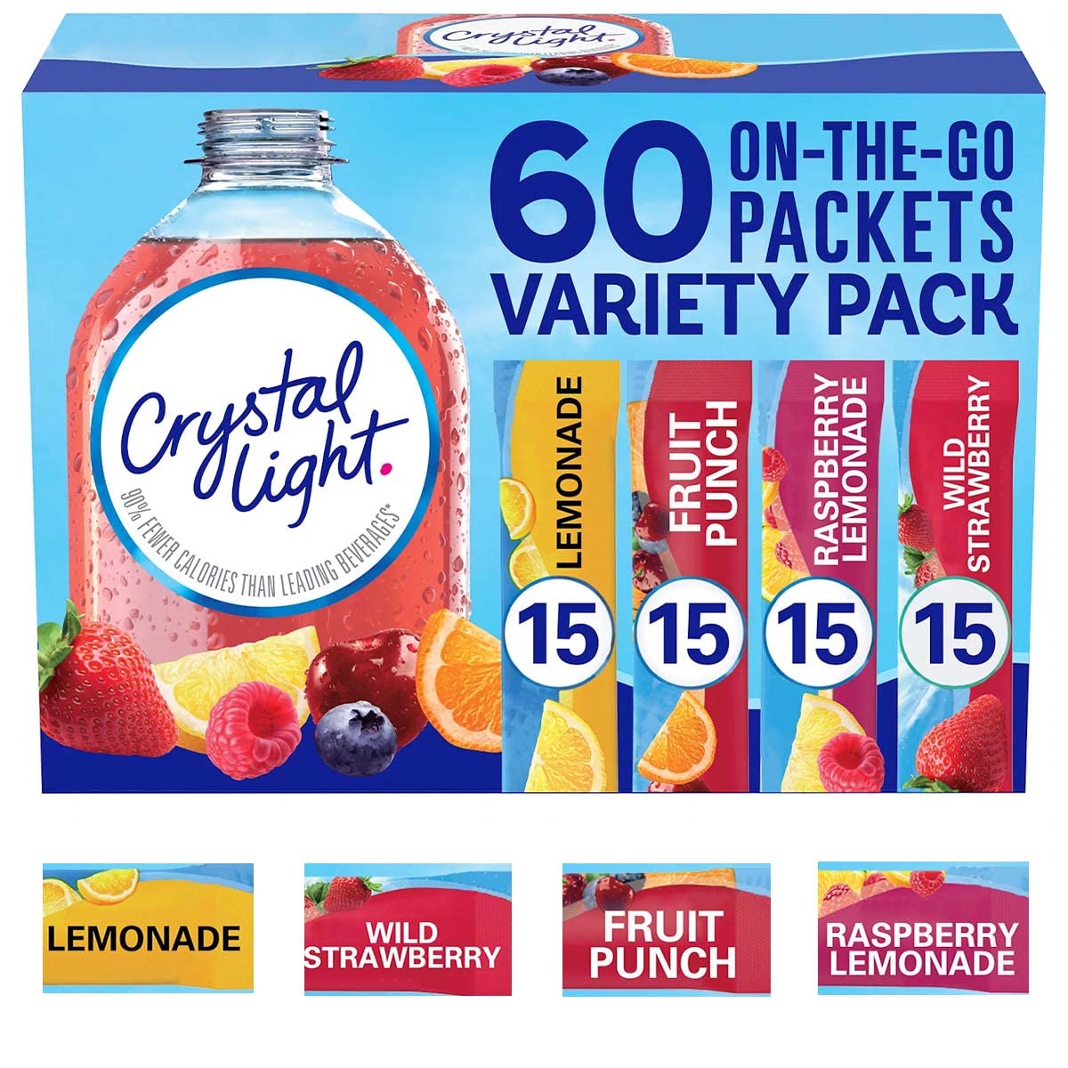 Crystal Light Sugar-Free, Lemonade, Fruit Punch, Raspberry Lemonade and Wild Strawberry On-The-Go Powdered Drink Singles Mix Variety Pack, 60 Count, Each Packet Dissolves into any 16.9 oz. container and comes with a Bonus Recipe Card curated by D'Eli