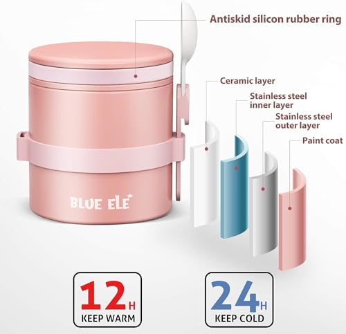 BLUE ELE Leakproof, Vacuum Insulated Thermos Hot Lunch Containers with Ceramic-Coated Stainless Steel, Easy Grip Lid, and Folding Spoon, 13.5oz, Carnation Pink