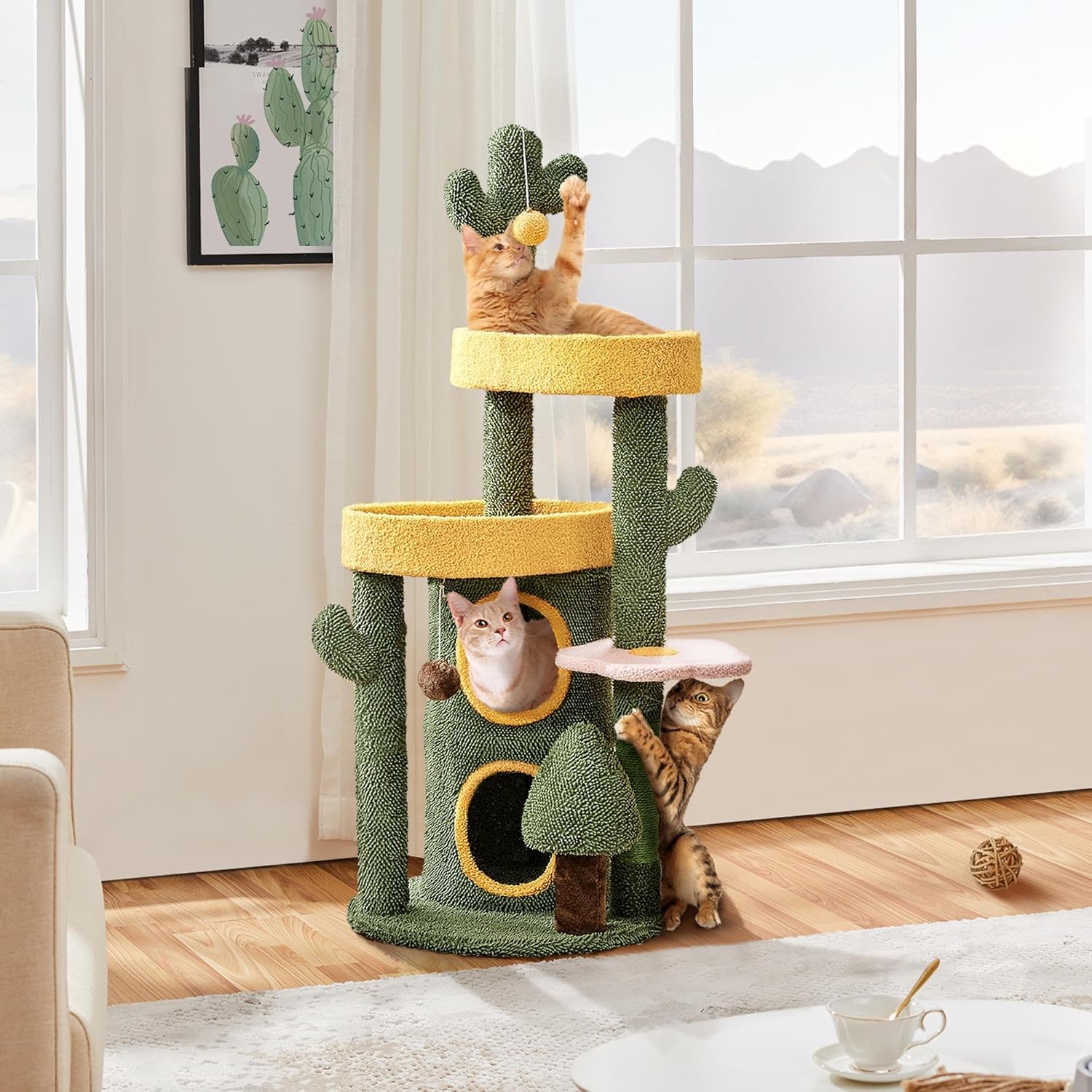 Yaheetech Cactus Cat Tree, 48.5″ H Oasis-Themed Cat Tower for Indoor Cats, Flower Cat Tree w/ 2-Tiered Condo, Scratching Posts & Fluffy Balls, Cat Activity Center Play House