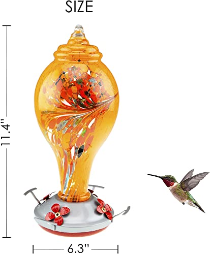 Hummingbird Feeder with Perch | Hand Blown Bulb Glass in Red | 34 Fluid Ounces Humming Bird Nectar Capacity with Hanging Metal Wires and Ant Moat Hook