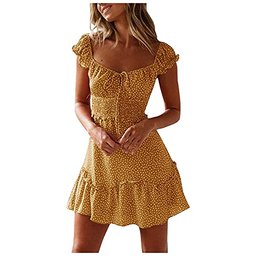 Summer Ruched Dresses for Women 2024 Casual U Neck Pleated Ruffle Sleeved Slim Cute Mini Dress Sexy Beach Sundress
