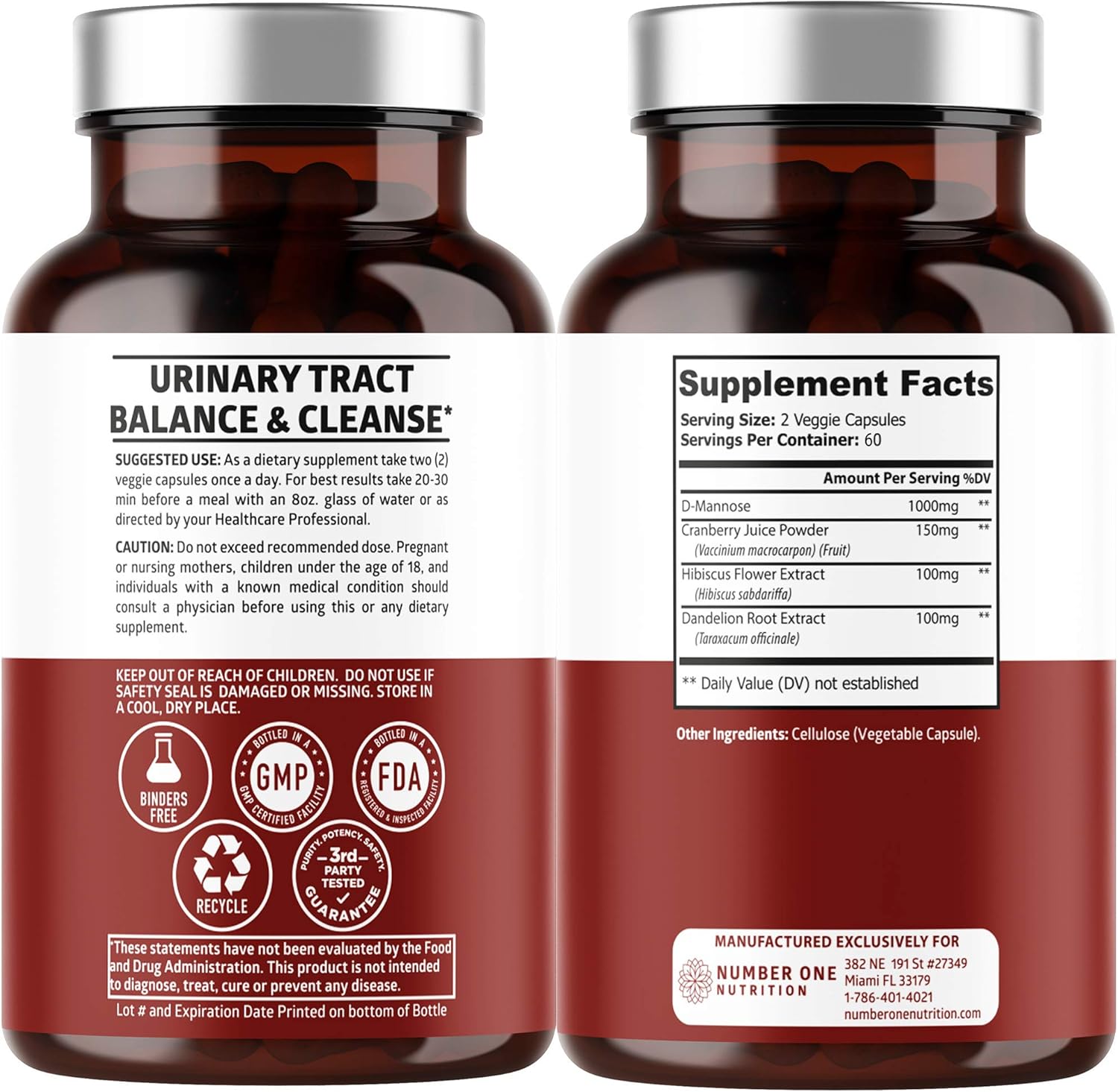Number One Nutrition Premium D Mannose with Cranberry and Hibiscus [Max Strength, 1350mg] Naturally Supports Urinary Tract Health, Flush Impurities and Bladder Health, 120 Veg Caps