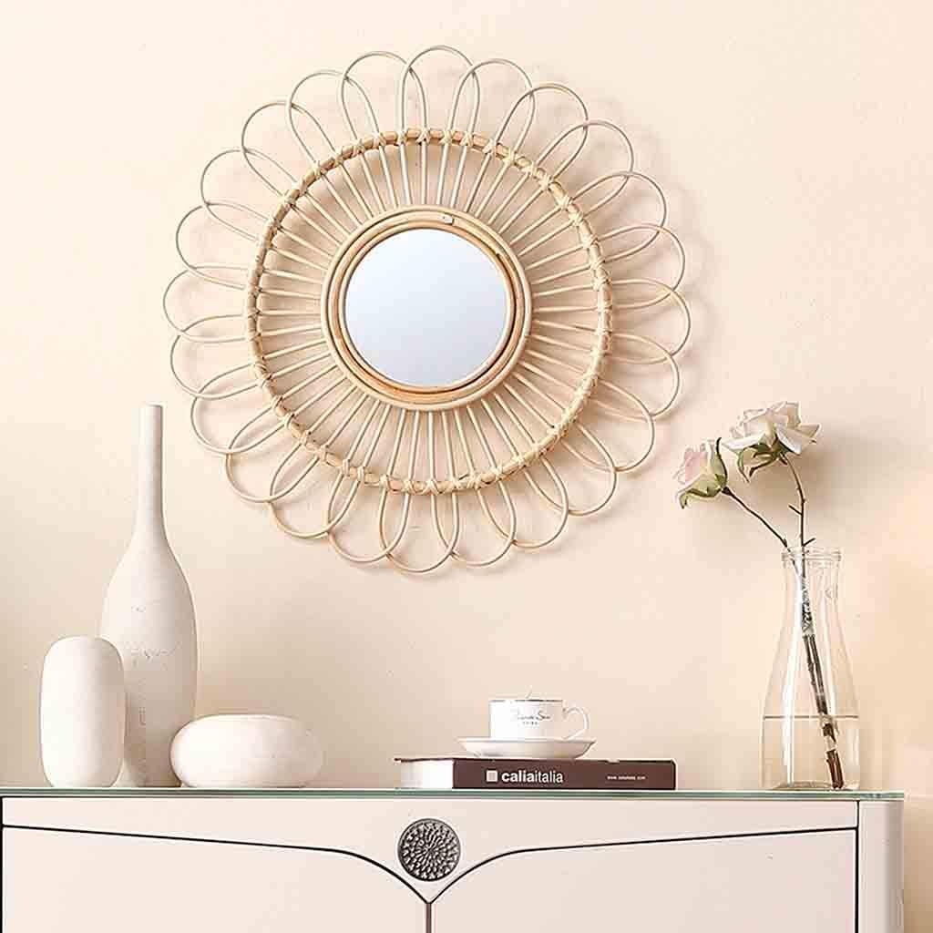 Mirror，Bathroom，Wall-Mounted，Makeup Mirror，Dressing Table，Round Vanity Rattan Craft Portable Nordic Makeup Creative Sun Flower Shape Home Decorative