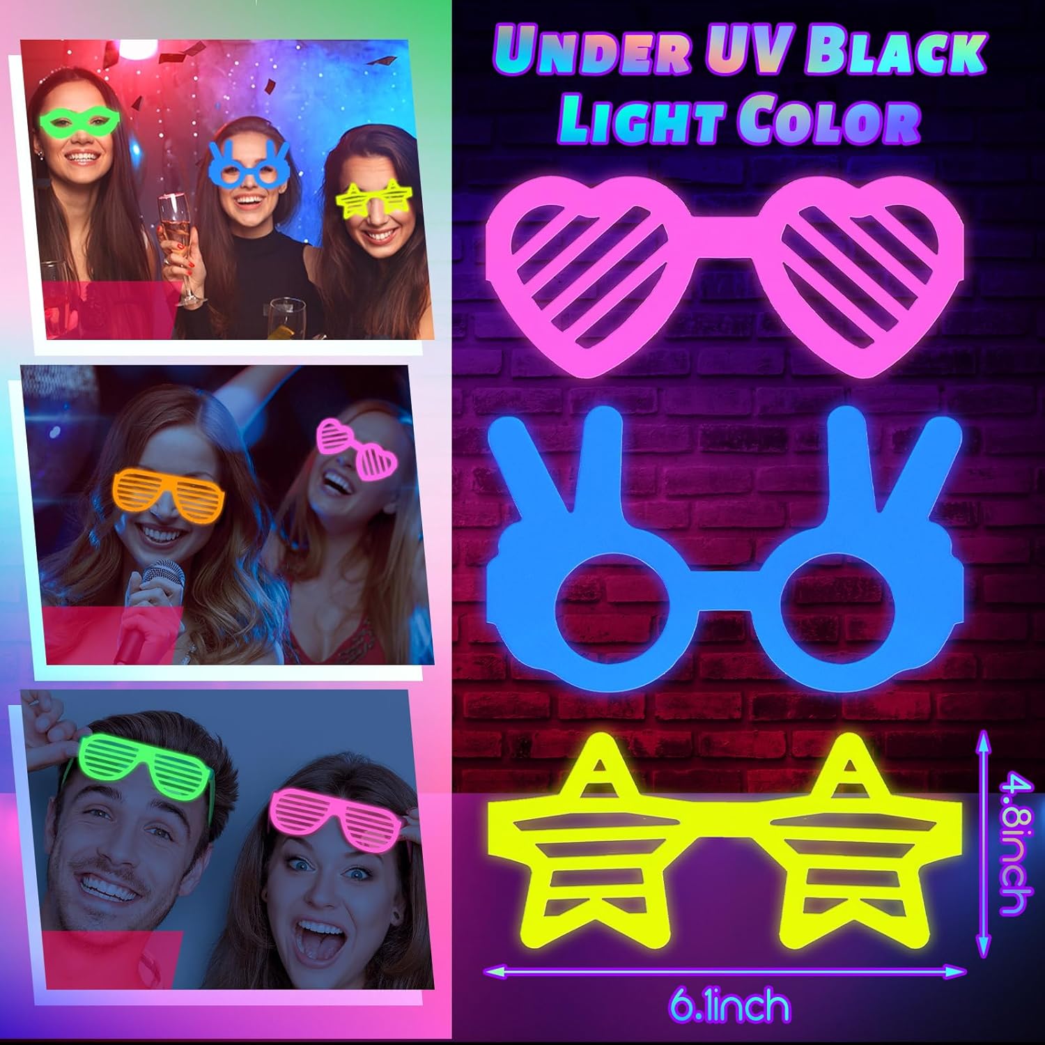 Hungdao 25 Pcs UV Neon Glasses Neon Glow Party Glasses, 5 Color Black Light Paper Glasses Glow in the Dark for Birthday Decorations Neon Party Supplies Adult Halloween Christmas Wedding