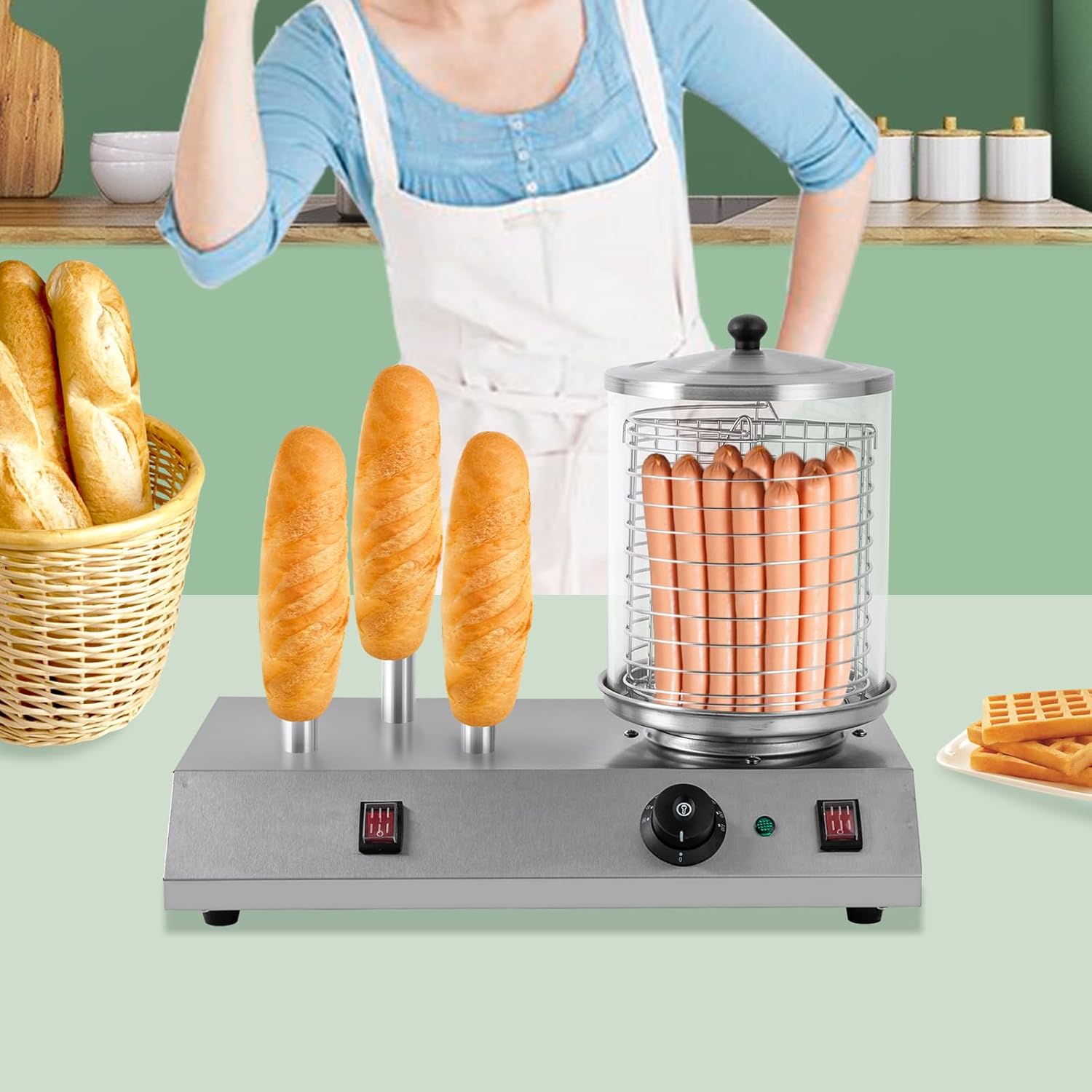 Electric Hot Dog Steamer & Bun Warmer Steamer Stainless Steel Portable Commercial Hot Dog Machine with Bun Warmer for Hot Dogs Sausages 86-230℉ 19.72x10.94x14.57in