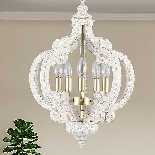 Wooden Farmhouse Antique White Chandelier, 5 Lights Cottage Lighting Fixture Industrial French Country Chandelier Hanging Ceiling Lamp for Kitchen Island Dining Room Bedroom Foyer Hallway