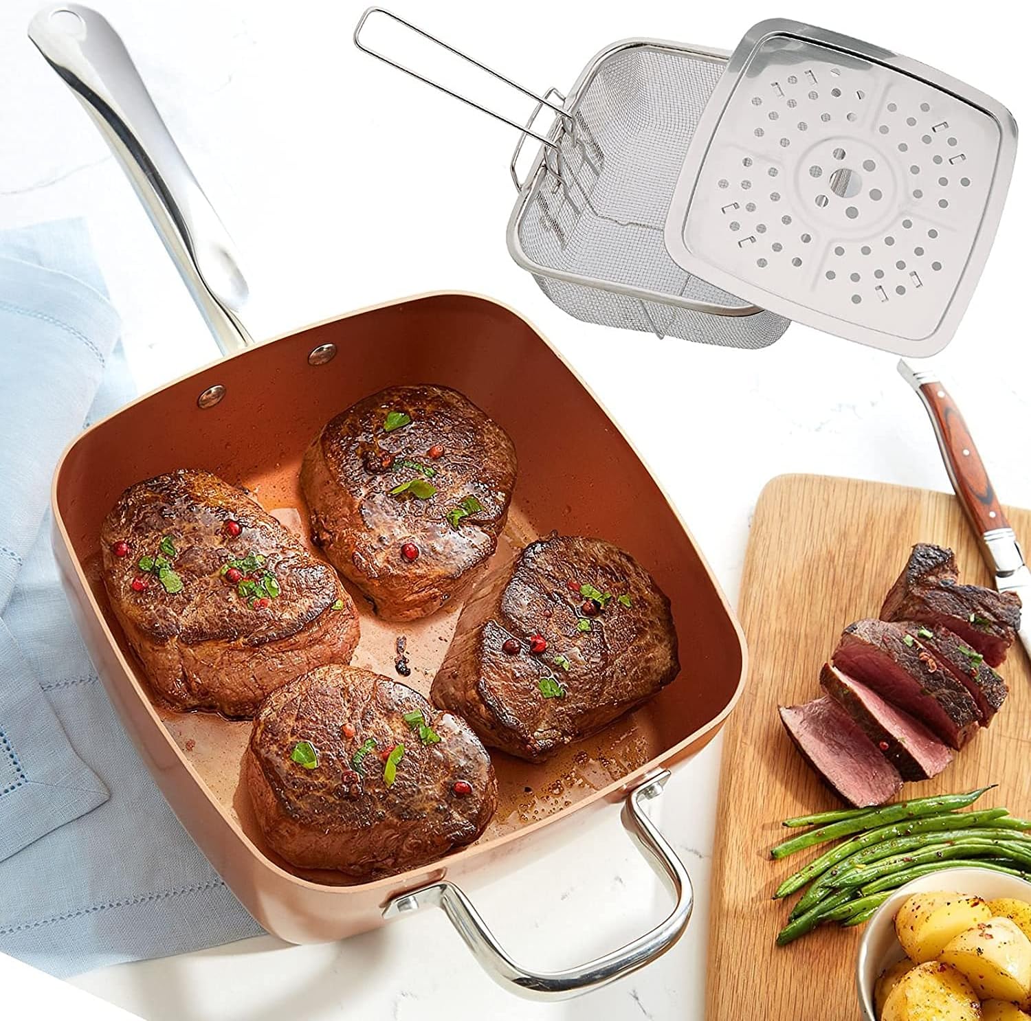 4-Piece Copper Pan Kit - Includes Nonstick Square Pan, Steamer, Frying Basket & Glass Lid - Perfect for Frying, Baking, Roasting, Stir-Fry & More - Oven Safe & Easy to Clean!