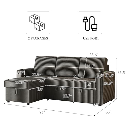 Corduroy Couch Bed with Storage Chaise,3 Seater Pull Out Sofa Bed with 2 Cup-Holder and USB Charge Port for Living Room, Home Apartment, Bedroom,85 Inches (Brown)