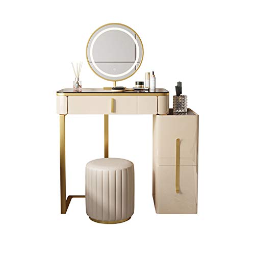 Dressing Table - Vanity Table with Cushion Stool and LED Light Makeup Table Mini Glass Transparent Table Top Used for Bedroom and Living Room Furniture A