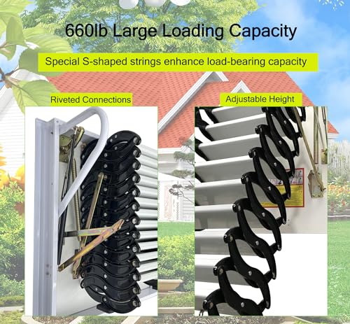 TECHTONGDA Attic Ladder 13 Steps Attic Stairs Pull Down Attic Loft Stair Telescoping Attic Access Ladder Ceiling Mounted Folding Ladder Attic Steps, 31.5 x 35.4 Inch, 10.5 ft Height, 660lb Capacity