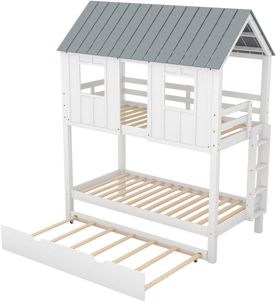 House Bunk Bed with Trundle,Roof and Windows,White 3-Numbers of Package Pine Wood +MDF Twin/Twin 79.6