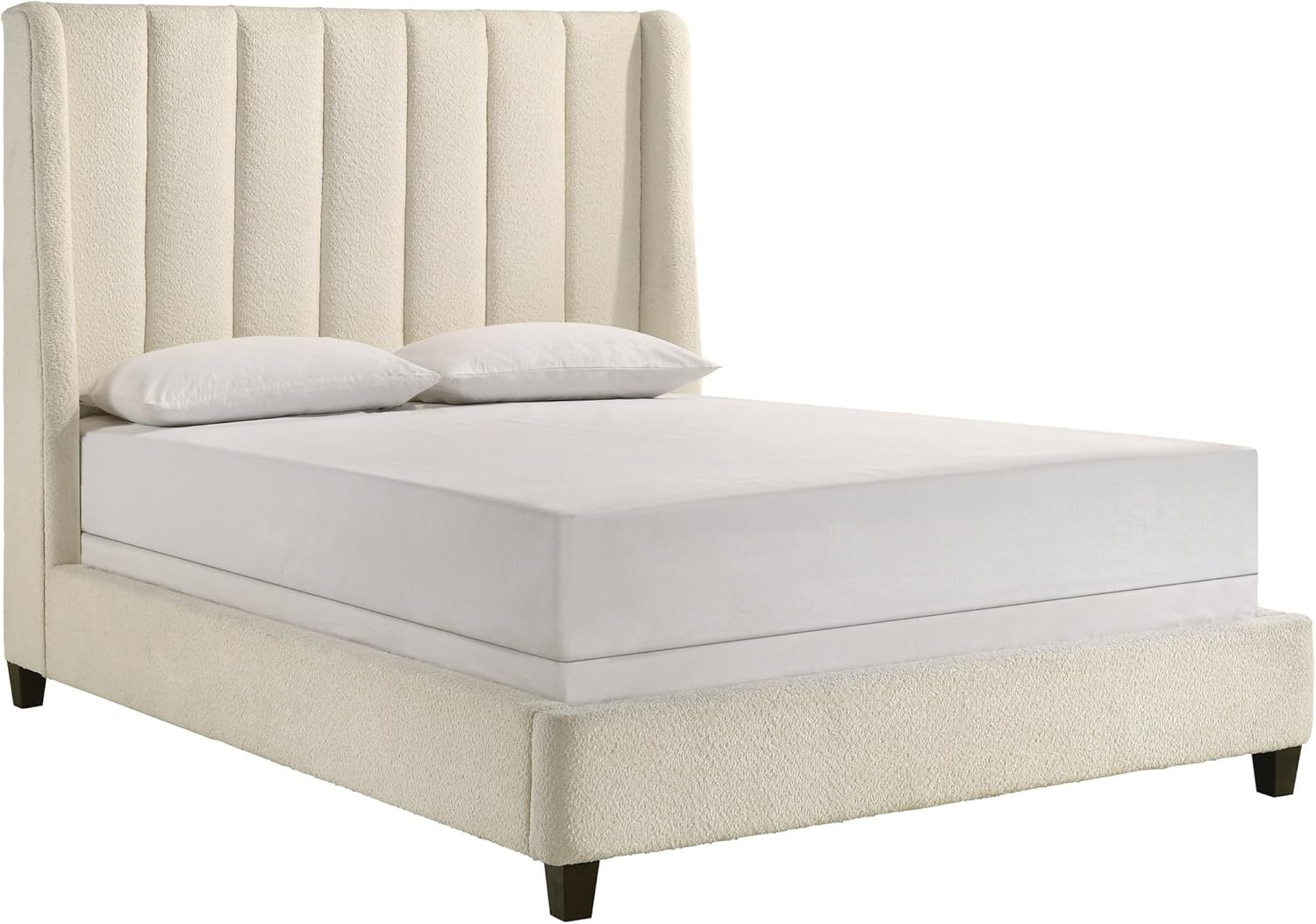 Benjara Aegis Queen Size Bed, Wingback, Channel Tufted, Cream Beige Upholstery
