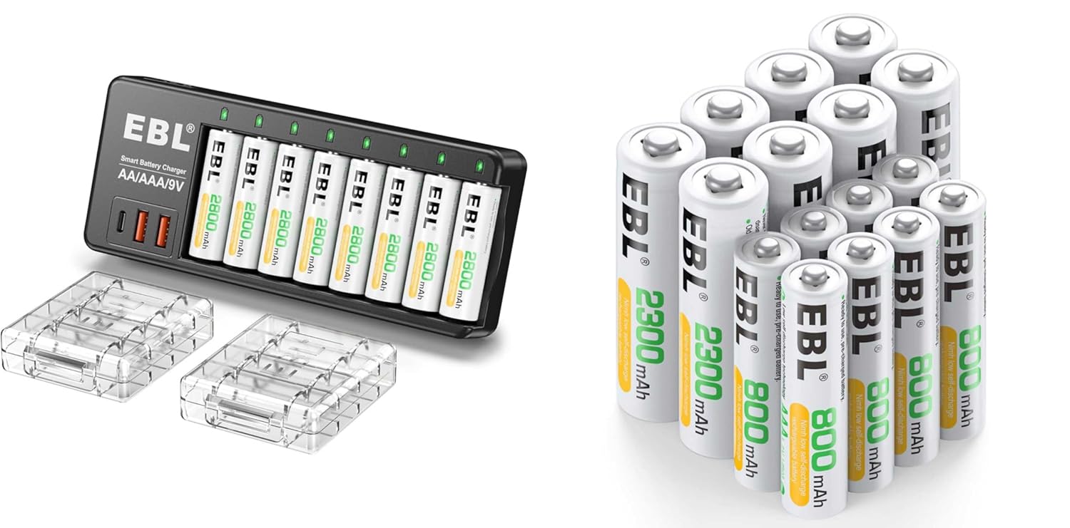 EBL 8 PCS AA 2800mAh & 8PCS AA 2300mAh & 8-Pack AAA 800mAh Rechargeable Batteries with AA AAA 9V Individual Battery Charger