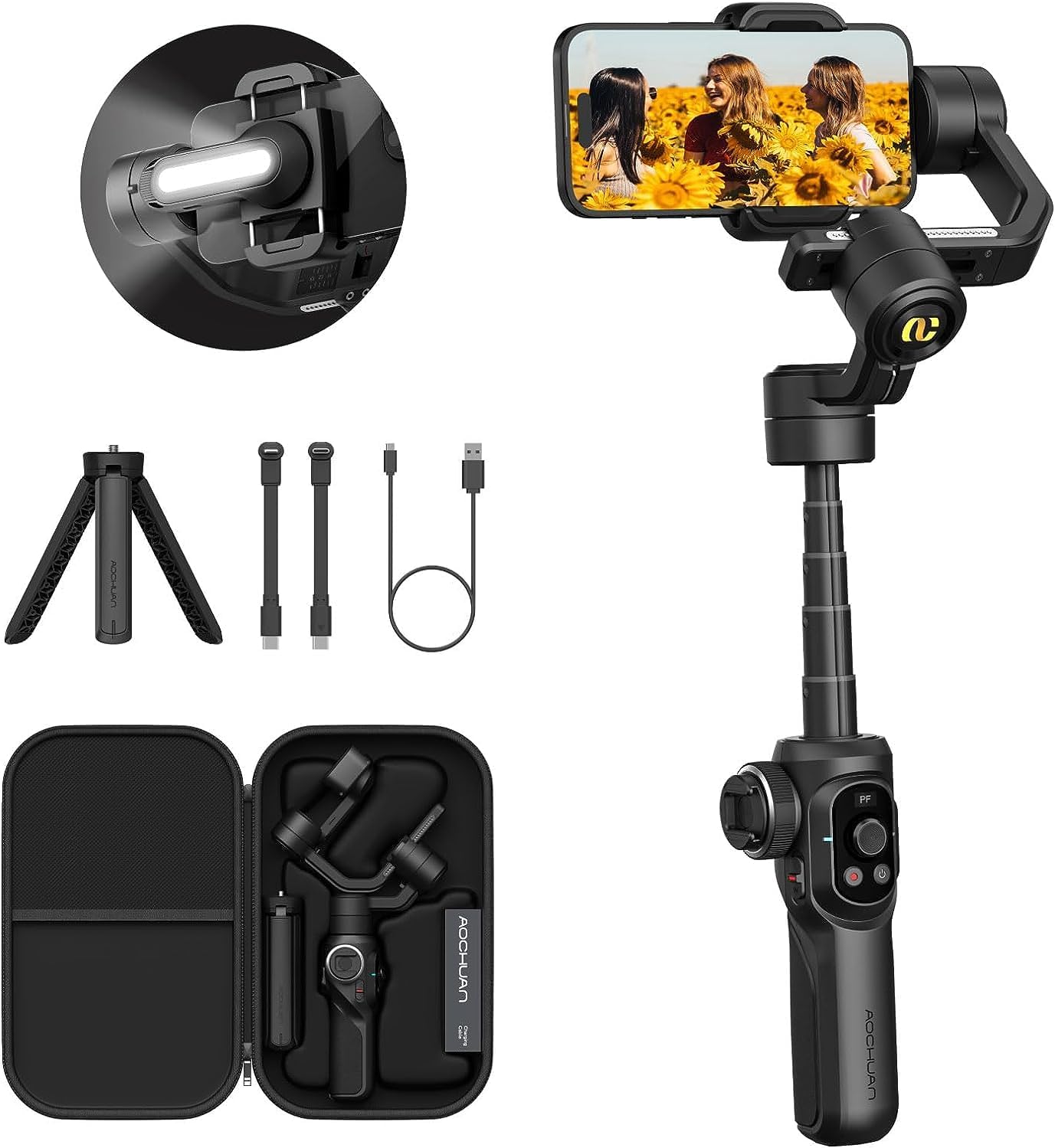 S2 Smartphone Gimbal Stabilizer Professional Industry-Standard 3-Axis Gimble Extendable Rod Fill Light Gimble for iPhone&Android,Vlogging TikTok YouTube Video Recording