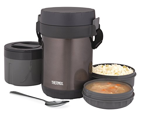 THERMOS All-In-One Vacuum Insulated Stainless Steel Meal Carrier with Spoon (Smoke) FUNTAINER 10 Ounce Stainless Steel Vacuum Insulated Kids Food Jar with Folding Spoon (Teal)