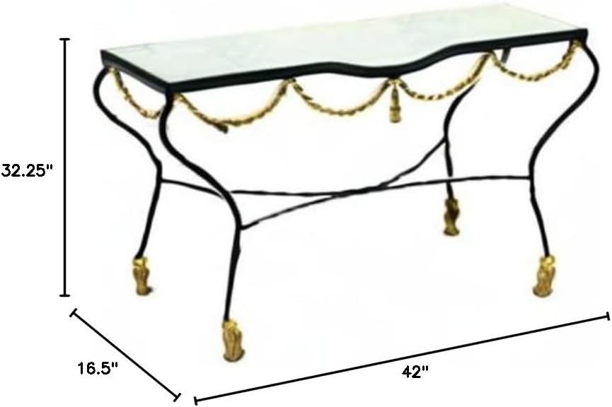 MY SWANKY HOME Black Gold Iron Swag Tassel Console Table Ornate Marble Metal Sofa Rope 42 in