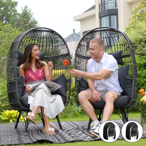NICESOUL® Stationary Egg Chairs Indoor Outdoor 440 lbs, Egg Chairs Thicken Cushions Oversized, Large Boho Patio Adult Basket Chair PE Rattan Lounger Chair (Brown, 1 Pc)