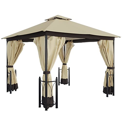 Outsunny 11' x 13' Patio Gazebo, Double Roof Outdoor Gazebo Canopy Shelter with Netting & Curtains, Steel Corner Columns for Garden, Lawn, Backyard and Deck, Gray