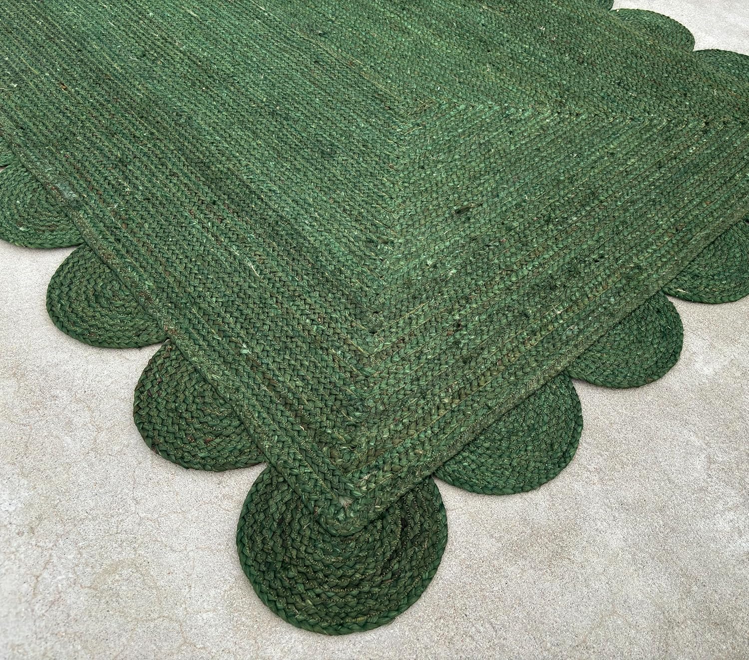 Scallop Jute Area Rug Boho Jute Rug Scalloped Coastal Rug, Palm Green 8'x10'