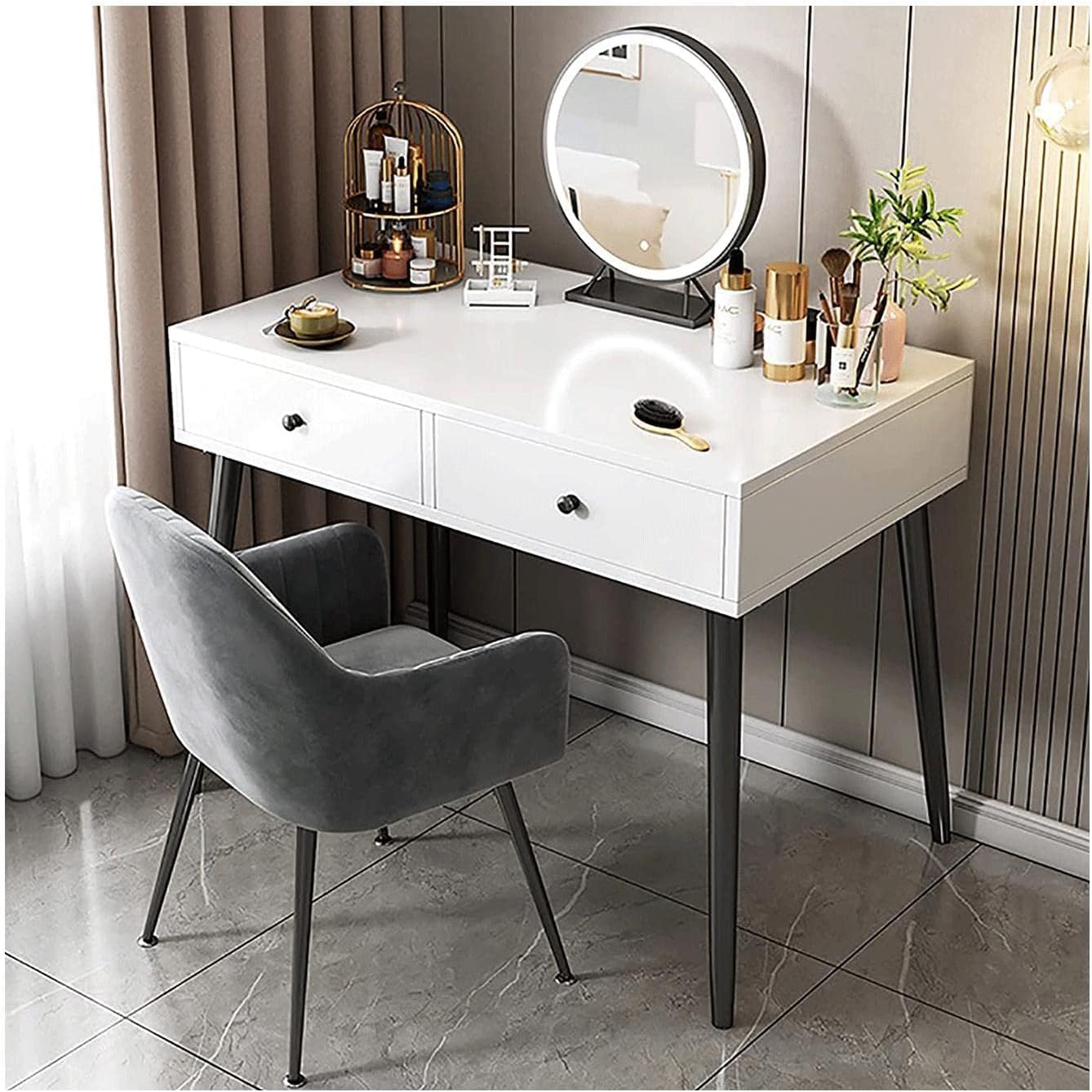 Vanity Desk Touch Screen Dimming Mirror Vanity Set 2 Drawers Dresser with Back Makeup Chair Writing Desk Home Dressing Table