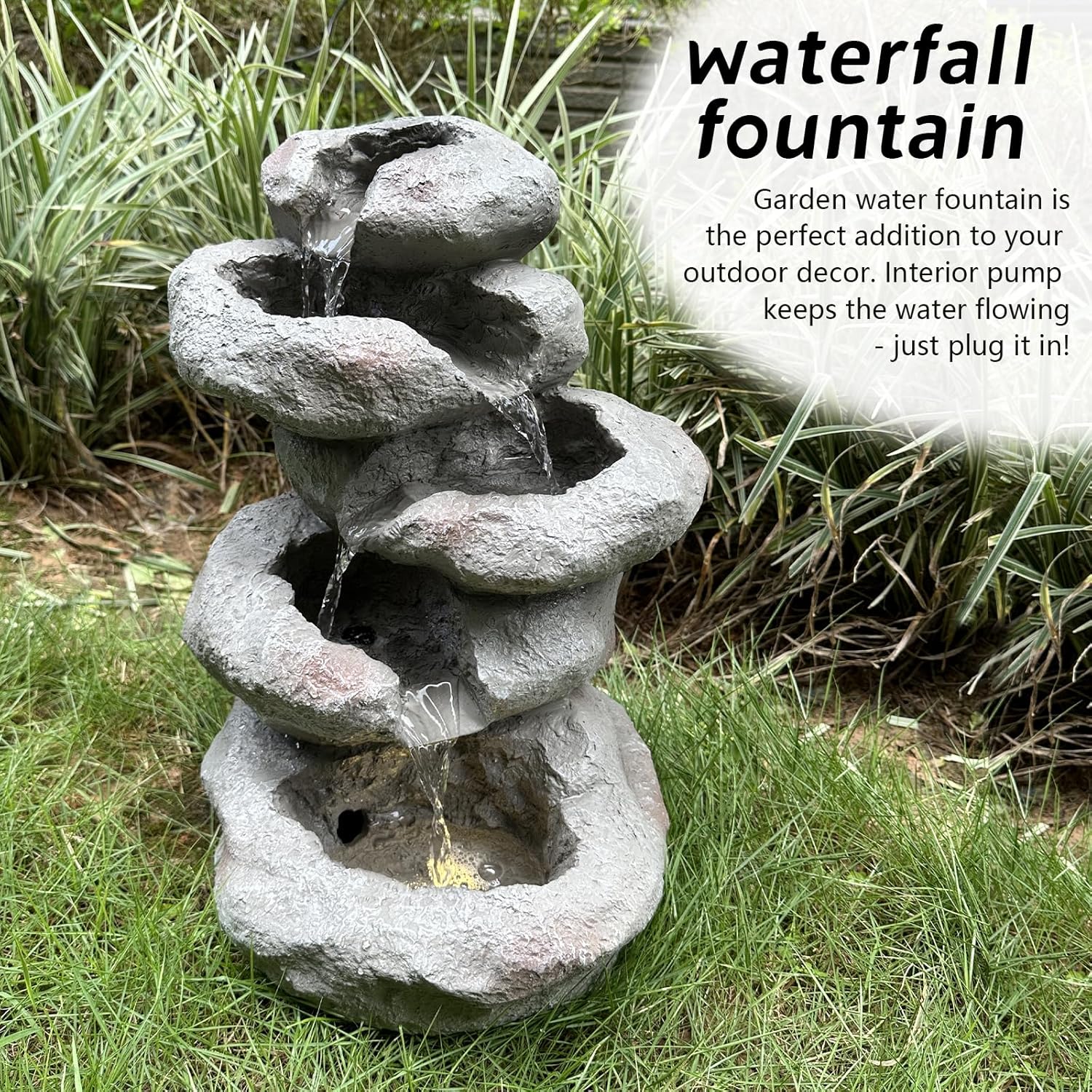 Tower Rock Fountain Fountain with LED Lights, Lighted Cascade Waterfall Freestanding Fountains 5-Tiered Stacked Rocks Outdoor Fountains for Patio and Garden Decor Deep Grey