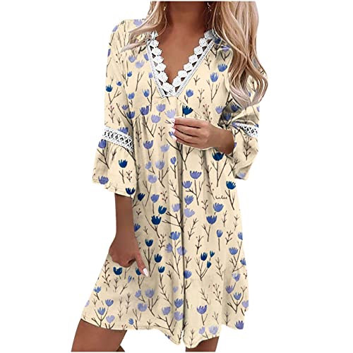 Summer Dresses for Women 2023 Fashion Fresh Printed V-Neck 3/4 Sleeves Mini Dress Casual Elegant Boho Beach Sundress