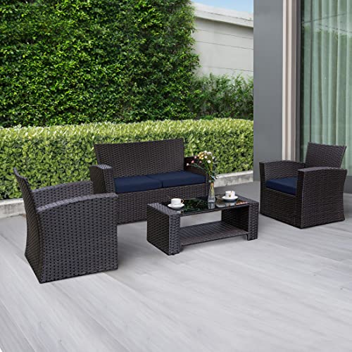 WO Home Furniture Patio Conversation Set of 4 PCS Black Rattan Wicker Sofa, Chairs & Table w/Pillow Cushions (Beige)