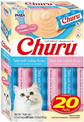 INABA Churu Cat Treats, Lickable Purée Treat/Topper with Vitamin E, 10 Tuna with Scallop, 10 Tuna with Salmon
