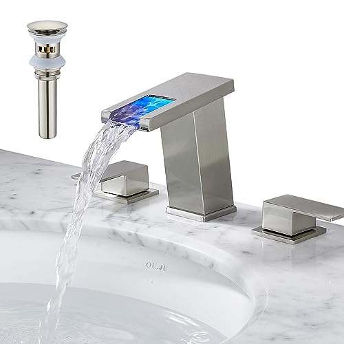 Widespread Faucet with LED light for 3 Hole Chrome, 8 inch Widespread Modern Waterfall Bathroom Faucet with Pop Up Drain and Supply Hose, Waterfall Bathroom Sink Faucet Vanity Faucet