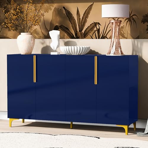 Light Luxury Storage Cabinet with 4 Doors and Adjustable Shelves, Modern Accent Buffet Sideboard with Metal Legs, Light Luxury Designed Console Sofa Table for Living Room, Study, Hallway, Black