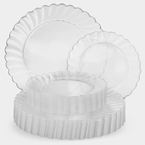 Perfect Settings 50 Piece (25 Sets) Premium Clear Plastic Plates 10 Inch Dinner / 7 Inch Salad Heavy Duty Elegant Disposable Dinnerware Plates (Clear Flared Wavy Edge)
