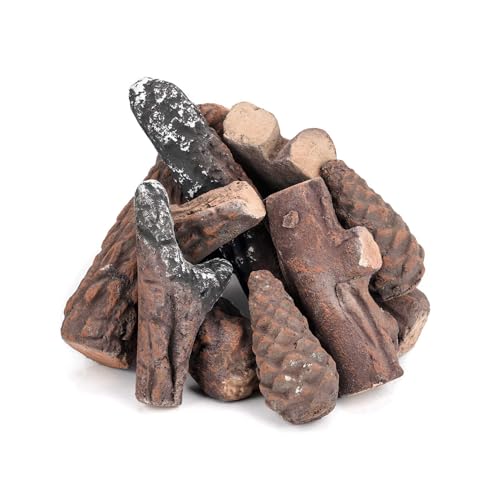 Stanbroil Large Ceramic Gas Logs, 10 Piece Set of Decoration Ceramic Wood Logs for All Types of Ventless, Gel, Ethanol, Electric, Gas Inserts, Propane, Indoor or Outdoor Fireplaces & Fire Pits