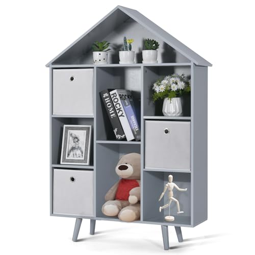 Kinder King Kids Bookshelf, Wooden Bookcase w/3 Storage Bins, 9-Section Toy Storage Organizer for Boys Girls, Freestanding Display Book Shelves, Children Storage Cabinet for Playroom, Grey