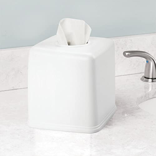 mDesign Plastic Square Facial Tissue Box Cover Holder for Bathroom Vanity Countertops, Bedroom Dressers, Night Stands, Desks and Tables - White