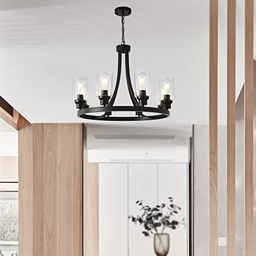 Farmhouse Chandelier Lighting Round 5 Lights Oil Rubbed Bronze with Glass Shade Ceiling Hanging Vintage Rustic Light Fixture for Dining Room Living Room Foyer Porch Kitchen Island