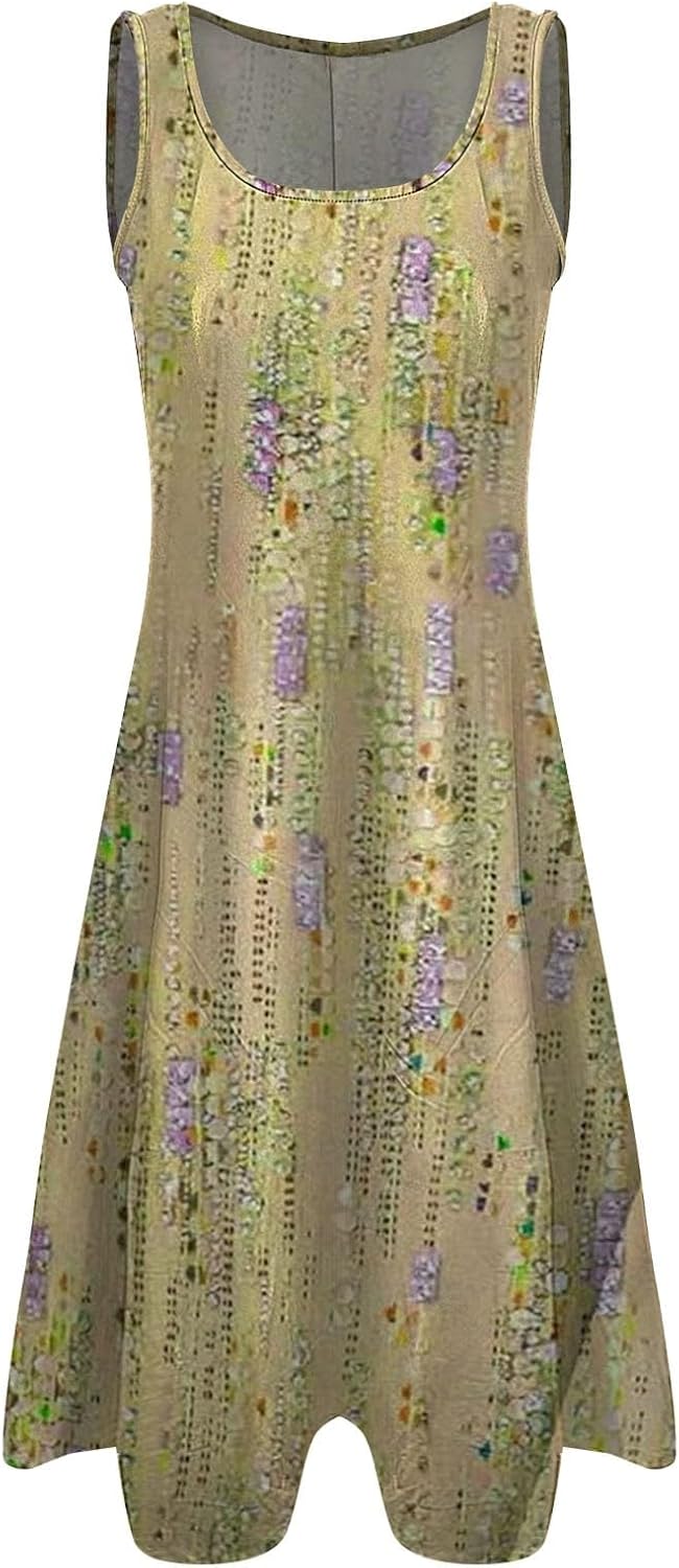 Women's Casual Summer Dress Sleeveless Hankerchief Hem Midi Tank Dresses Beach Flowy Boho Sundress with Pockets