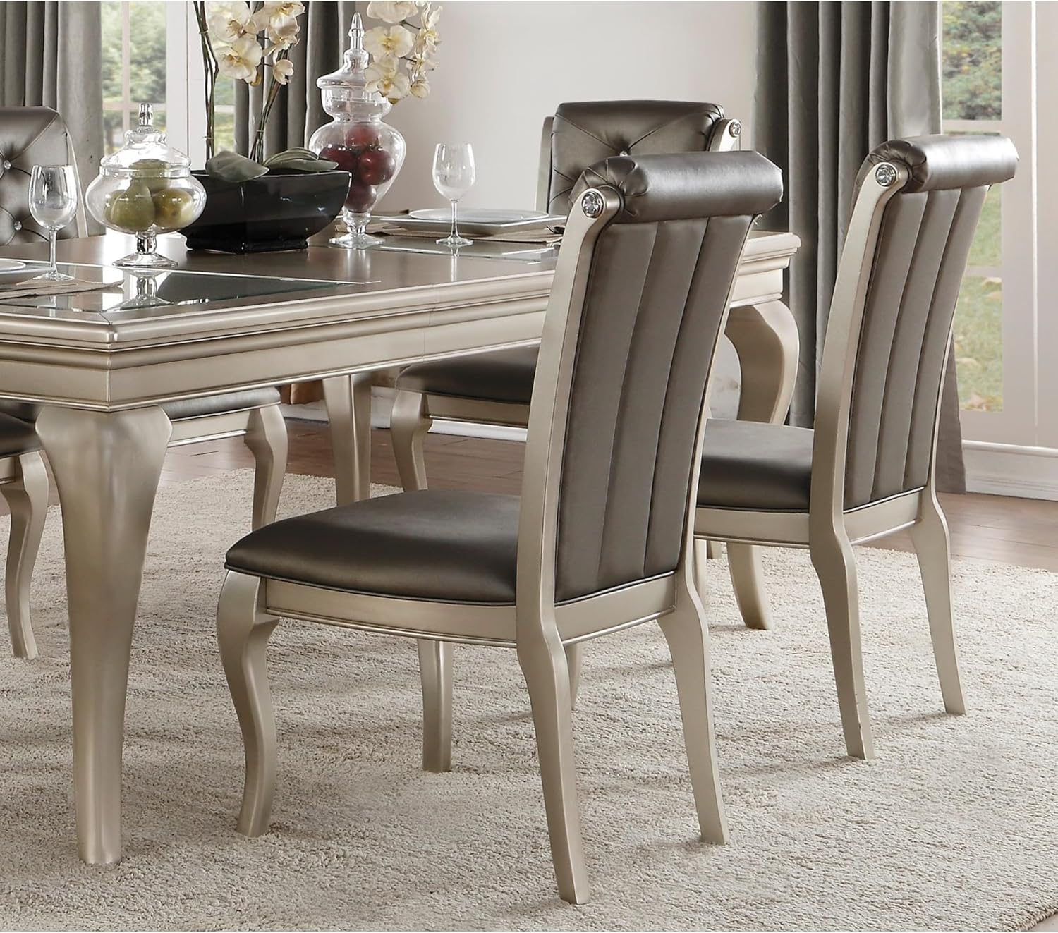 Crystal Button-Tufted Side Chairs 2pc Set Silver Finish Wood Frame Gray Faux Leather Upholstered Dining Furniture