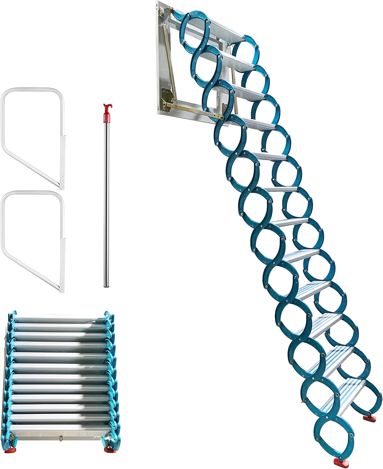 TECHTONGDA Folding Ladder Attic Loft Pull Down Ladder Stairs 12 Steps Wall Mounted Folding Stairs Al-Mg Alloy 9.8ft Height Attic Stairs Blue Retractable Attic Steps Loft Ladder with Armrests