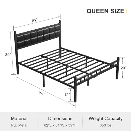 VECELO Queen Size Bed Frame with PU Upholstered Headboard, Heavy-Duty Platform Beds, Vintage Iron-Art Footboard, Strong Metal Slats Support, No Boxing Spring Needed, Black