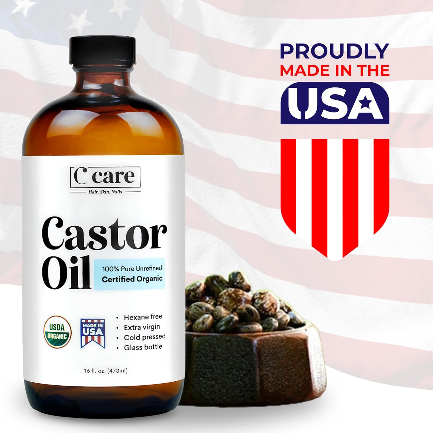 C CARE 100% Pure, Organic Castor Oil, Cold Pressed, Hexane Free. for Hair Growth Eyelashes, Eyebrows, Skin, Nail & Castor Oil Pack Wraps - 12oz