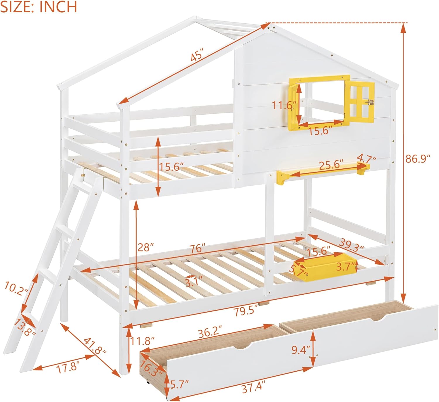 House Bunk Bed Twin Over Twin with 2 Drawers, 1 Storage Small Box and 1 Open Shelf for Kids Boys Girls, Solid Wood Playhouse Bedframe w/Window and Roof Design, White