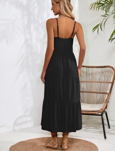 Halife Womens Flowy Tiered Maxi Dress Sleeveless Summer Sundresses Adjustable Straps Long Beach Sun Dresses with Pockets