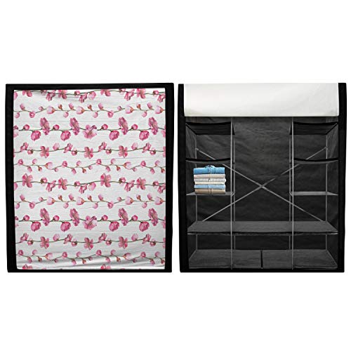 Ambesonne Asian Leaves Portable Fabric Wardrobe, Watercolor Style Composition of Blossoming Flowers Horizontal Lines, Clothing Organizer and Storage Closet with Shelves, 33.5