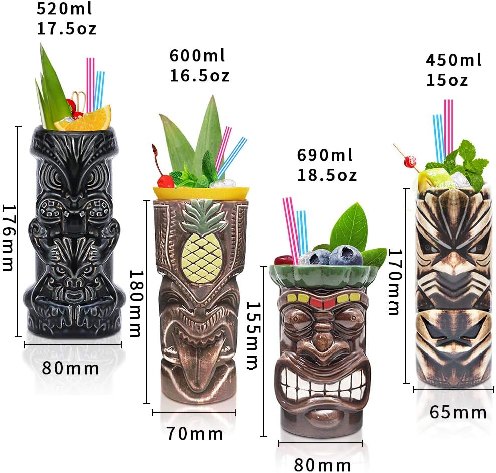 Tiki Mugs Cocktail Set of 4 - Large Tumblers Ceramic Hawaiian Luau Party Mugs Drinkware, Cute Exotic Cocktail Glasses, Tiki Bar Professional Hawaiian Party Barware, TKSET0005…