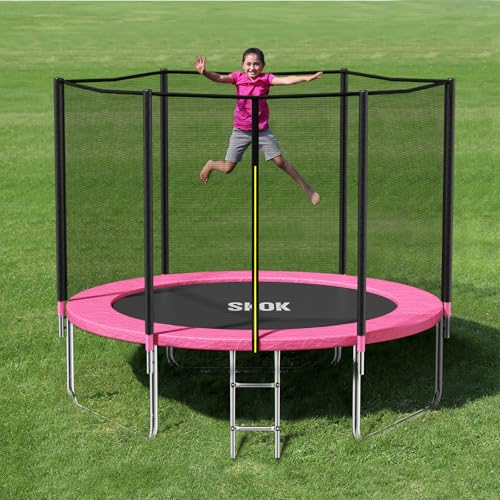 SKOK Trampoline 8FT 10FT 12FT 14FT 15FT Trampolines with Enclosure Net, 400LBS Outdoor Trampolines for Kids with Basketball Hoop-ASTM Approved Trampoline for Children and Adults with Ladder