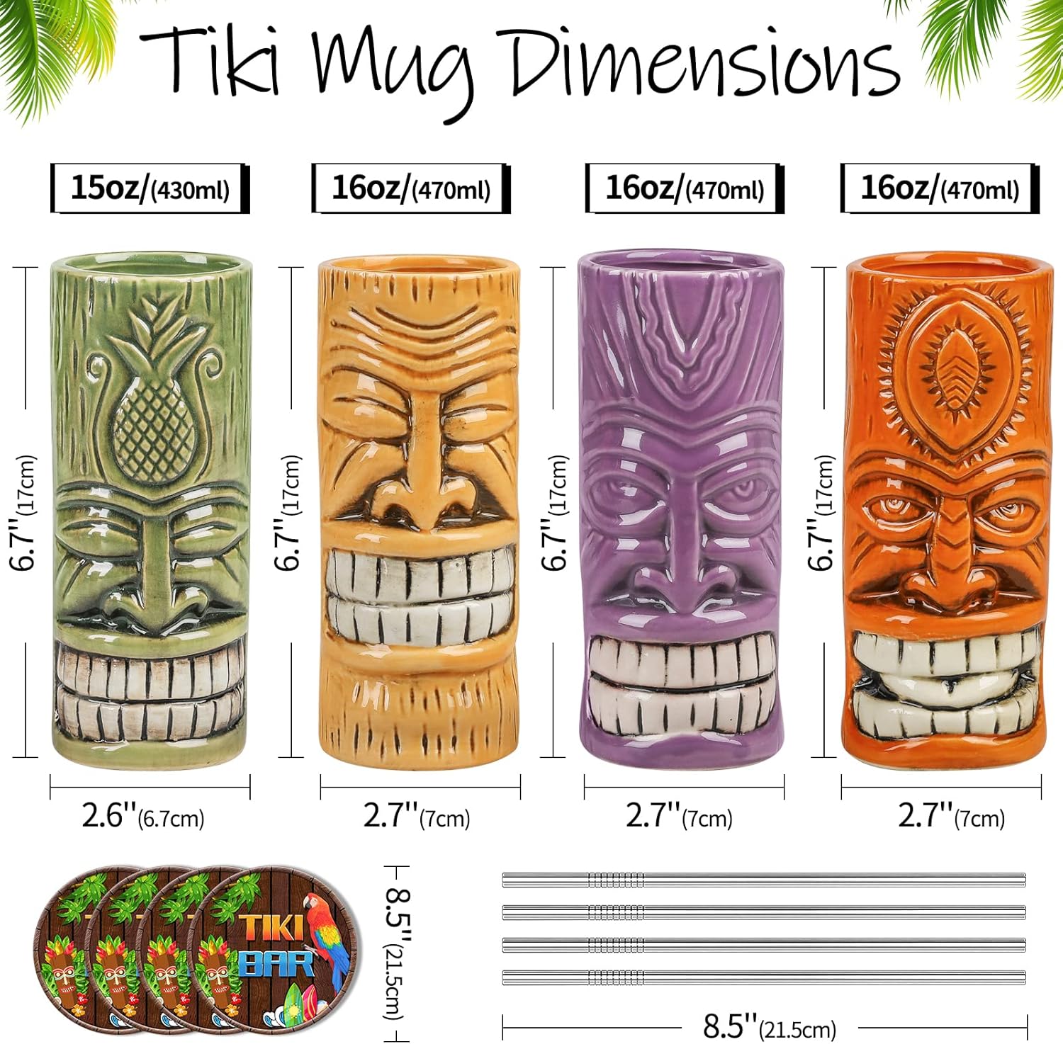 Tiki Mugs Set of 4,Ceramic Tiki Hawaiian Party Mugs, Creative Tiki Glasses Set Tiki Bar Mugs for Cocktails Glasses, Tiki Drinking Bar Decorations Premium Tropical Cups Drinks for Exotic Party(4PCS)