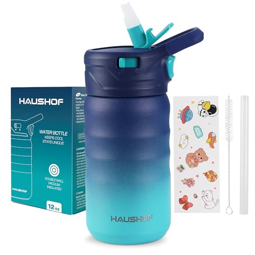 HAUSHOF Kids Water Bottle 12 oz BPA-free with Straw and Stickers, Stainless Steel Vacuum Double Wall Insulated cup with Leak Proof for school, Gift, Girls (Green and Pink)