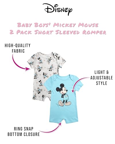 Disney Baby Boys Romper - 2 Pack Short Sleeve Baby Jumpsuit with Snap Closure - Cozy Baby Bodysuit for Boys (Newborn/Infant)