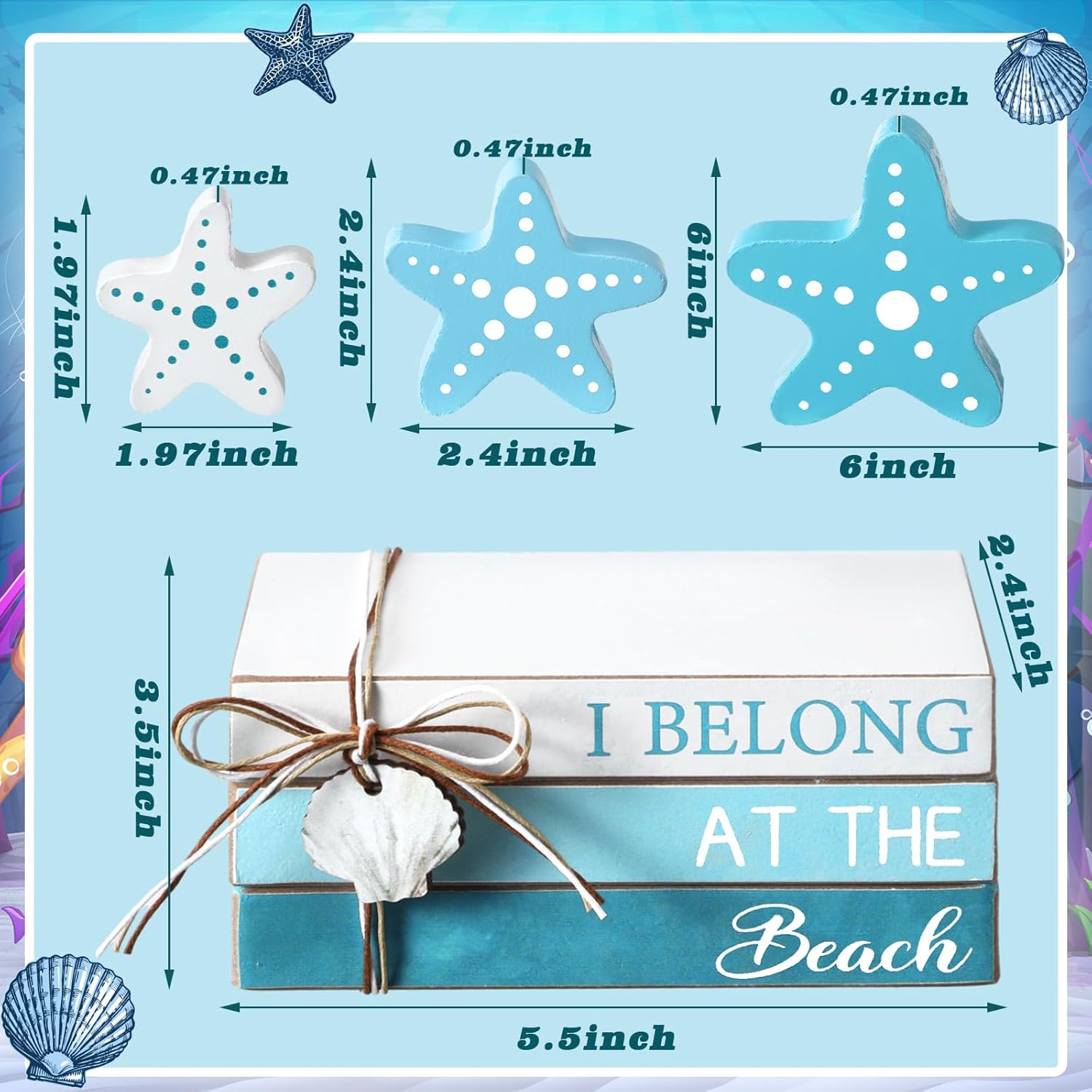 Starfish Beach Tiered Tray Starfish Table Decorations Blue Rustic Farmhouse Decor Starfish Shells Mini Wood Book Stacks Centerpiece for Summer Home Living Room Bedside