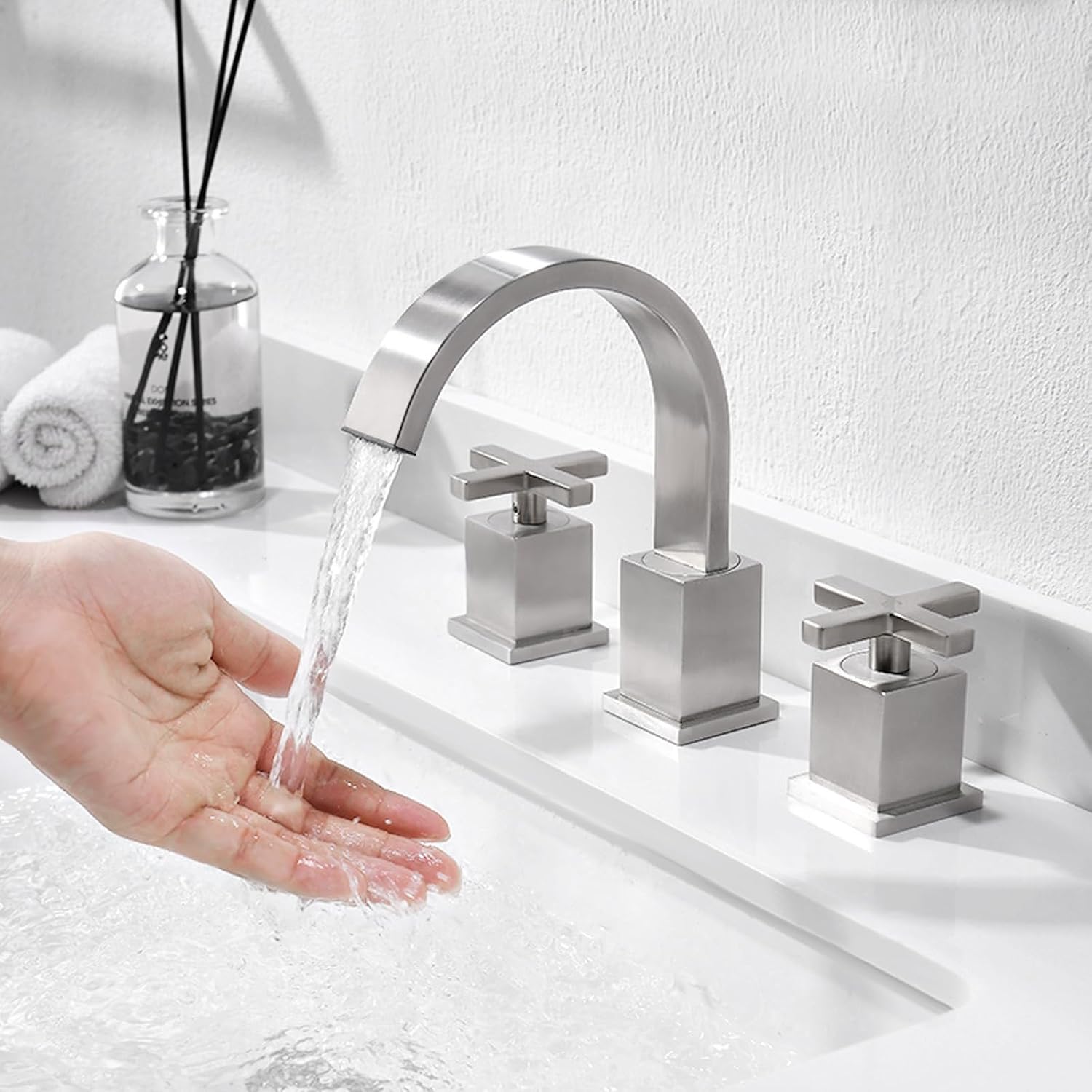 Phiestina Brushed Nickel Waterfall Bathroom Faucet, Widespread 3 Hole 8 Inch Modern Sink Faucet, with 360 Degree Swivel Spout, Pop Up Drain and Water Supply Lines, WF001-10-BN